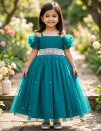 Teal Blue Shade Pearl Handwork Cinderella Gown