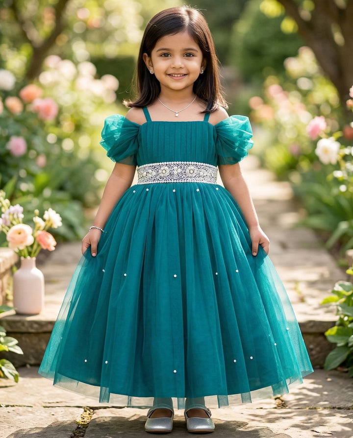 Teal Blue Pearl Handwork Cinderella Gown for Baby Girls, Birthday Dress