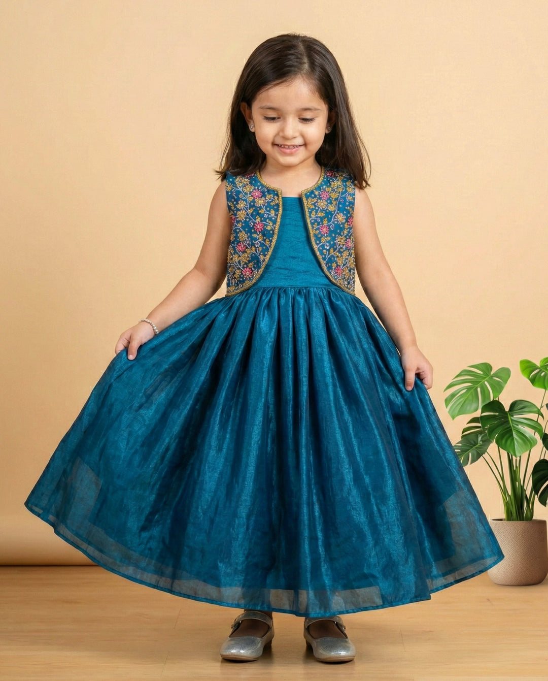Teal blue ethnic gown for baby girls, handwork jacket partywear, premium birthday dress, Stanwells Kids