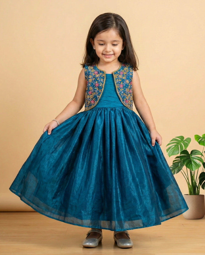 Teal blue ethnic gown for baby girls, handwork jacket partywear, premium birthday dress, Stanwells Kids