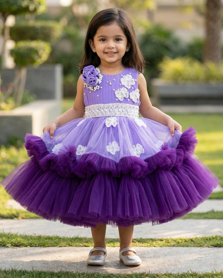 Lavender & Violet Heavy Applique Birthday Frock
Material: Lavender and Violet colour nylon net material is used in the upper portion and we are using Heavy quality ultra satin as the primary lining.This satin lin