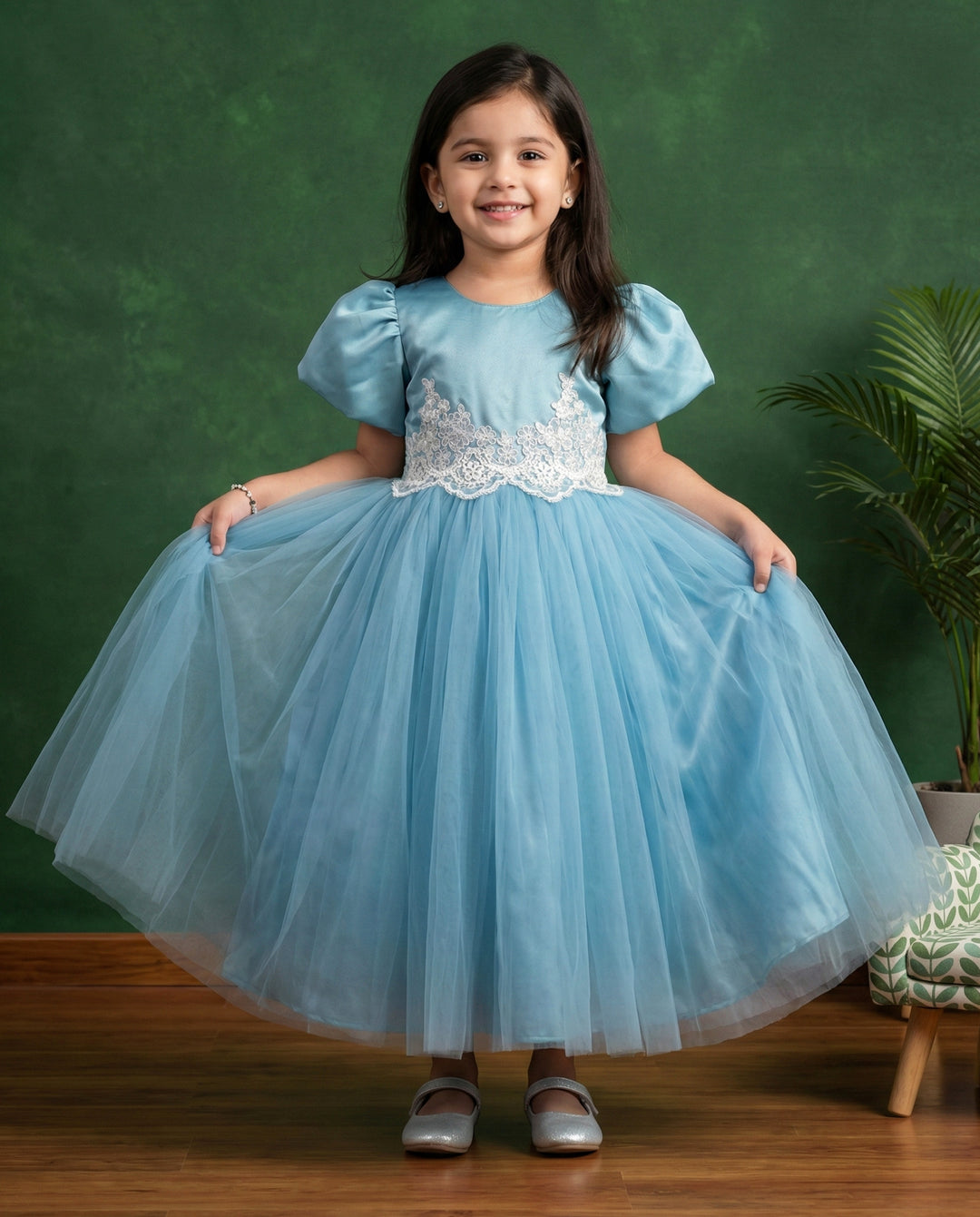Pearl blue applique handwork Cinderella gown, baby girls birthday dress, premium kids party wear, designer gown for baby girl, Stanwells Kids dress