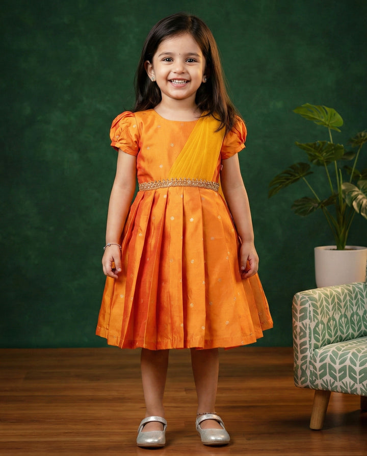 Mango Yellow Silk Butti Frock – Ethnic Partywear & Birthday Dress for Baby Girls by Stanwells Kids