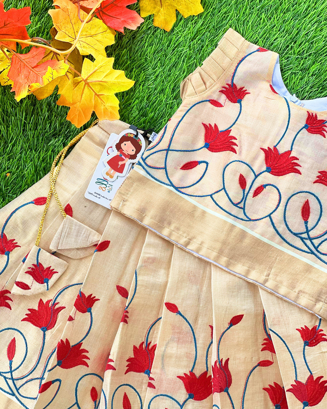 Light gold Kerala traditional tissue lehenga choli – baby girls birthday dress