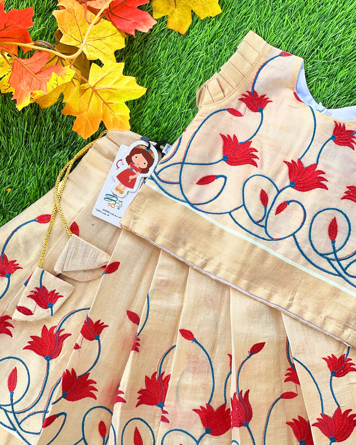 Light gold Kerala traditional tissue lehenga choli – baby girls birthday dress