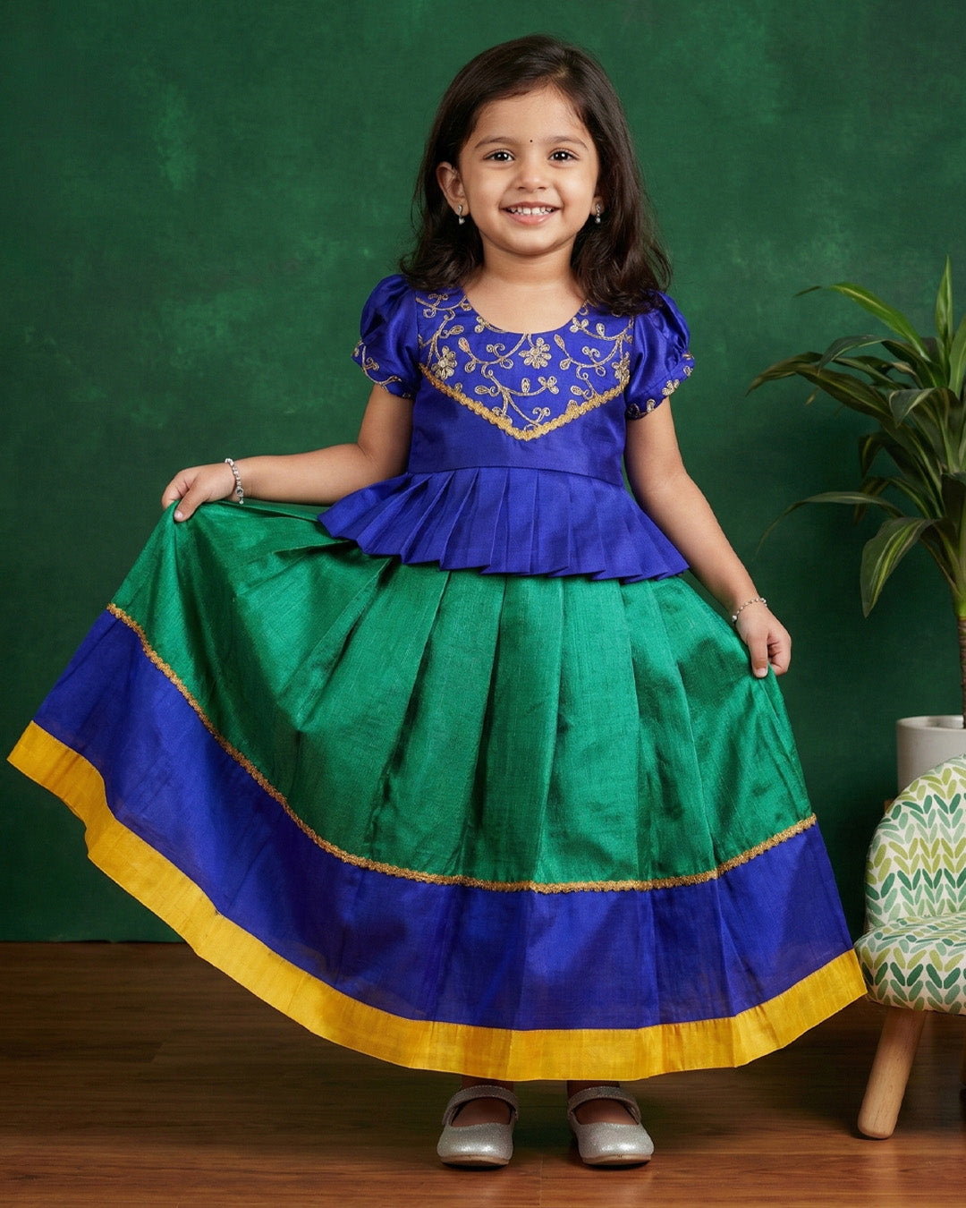 Rama green royal blue South Indian lehenga choli set for baby girls, birthday dress, ethnic wear for kids, sequins embroidery lehenga, Stanwells Kids collection