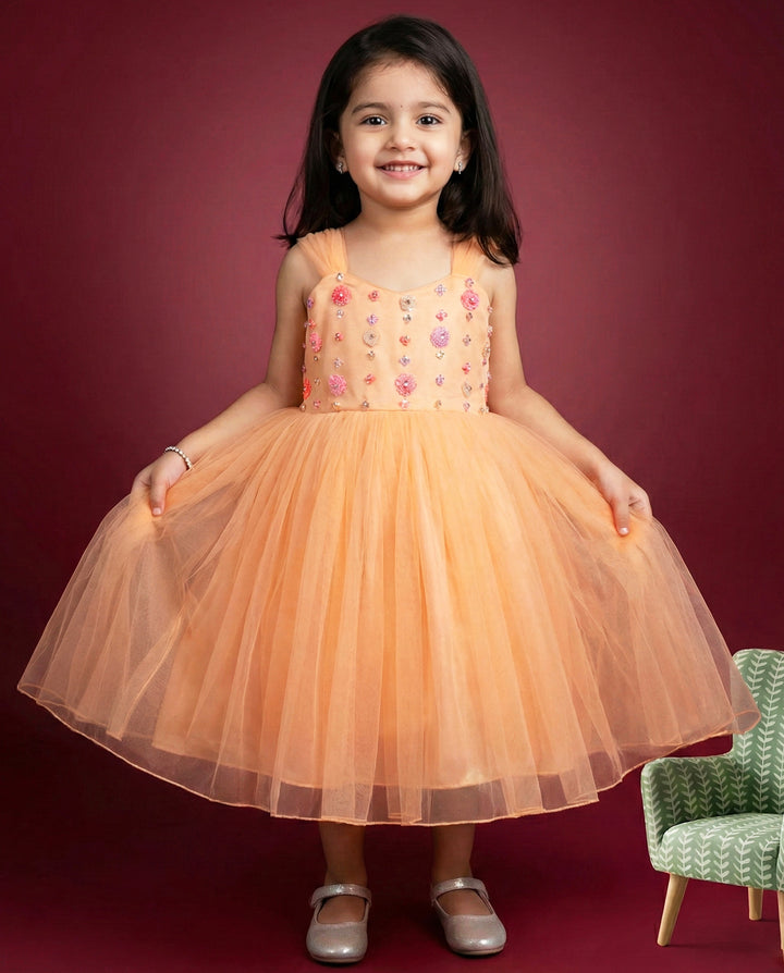 light peach sequins birthday dress for baby girls

baby girl partywear frock with sequins handwork

premium peach birthday frock for toddlers

baby girls festive party dress peach color

kids birthday dress with hand embroidery