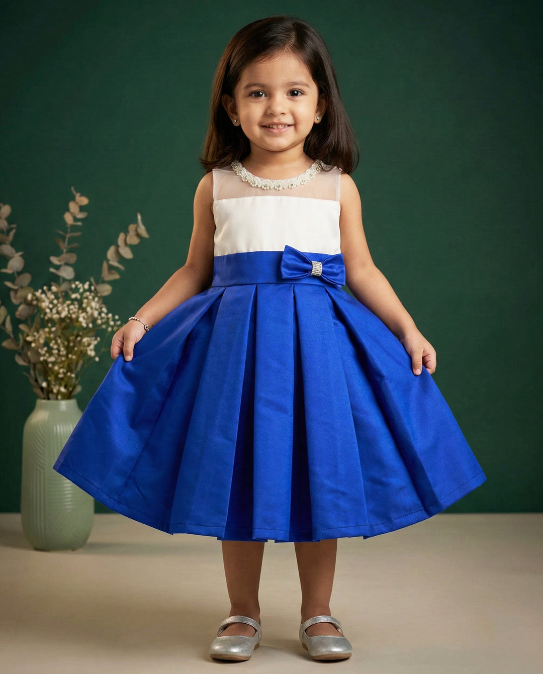 Royalblue & White Combo Baby-Girls Box Pleated Tafetta Silk Handwork F