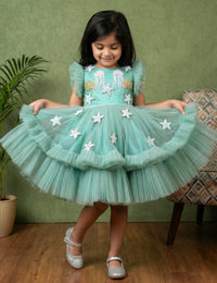 Mermaid Theme Sea Life Embroidered Pastel Green Shade Heavy Partywear Frock