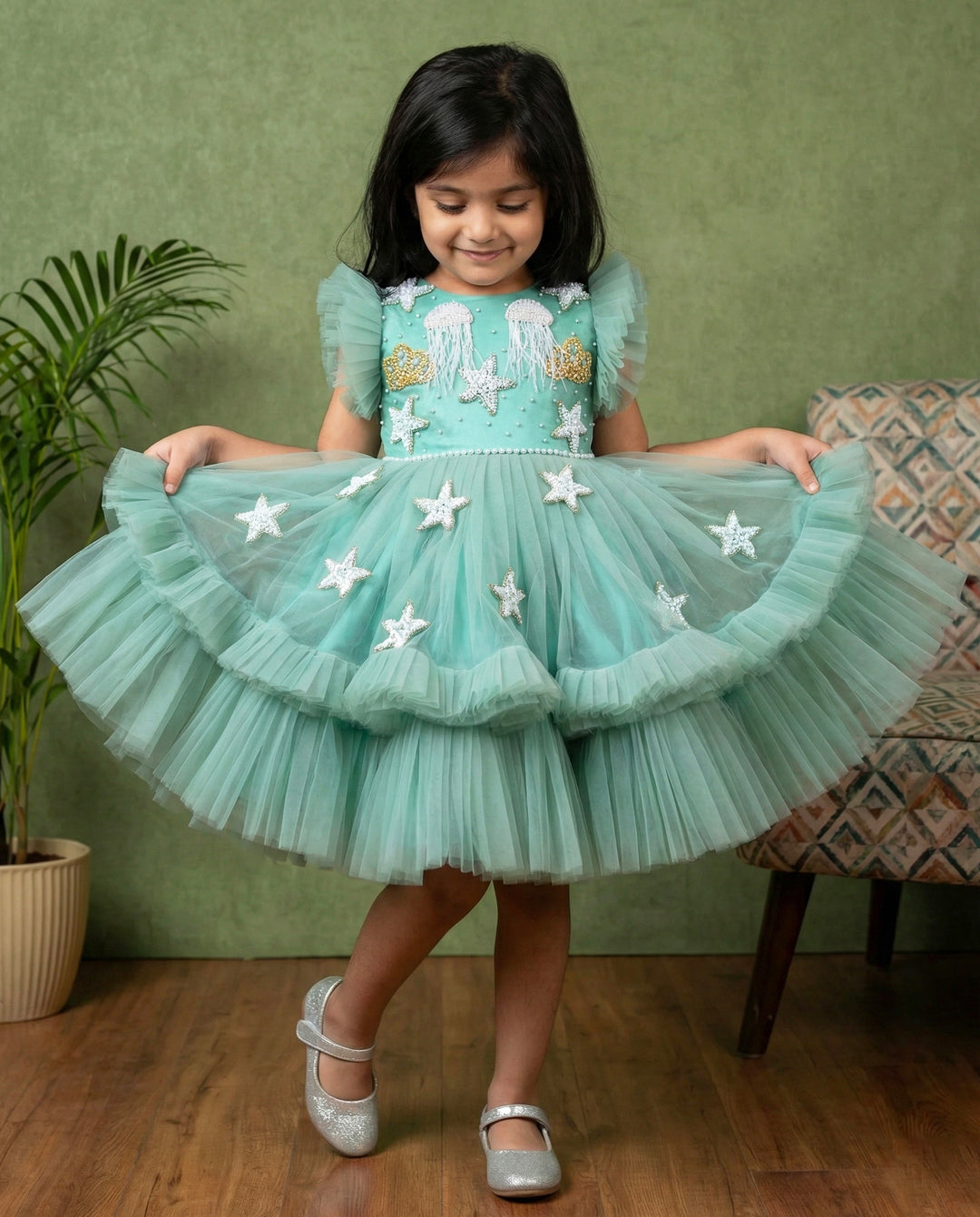 Mermaid theme baby girls birthday dress, pastel green sea life embroidered frock, heavy partywear birthday outfit