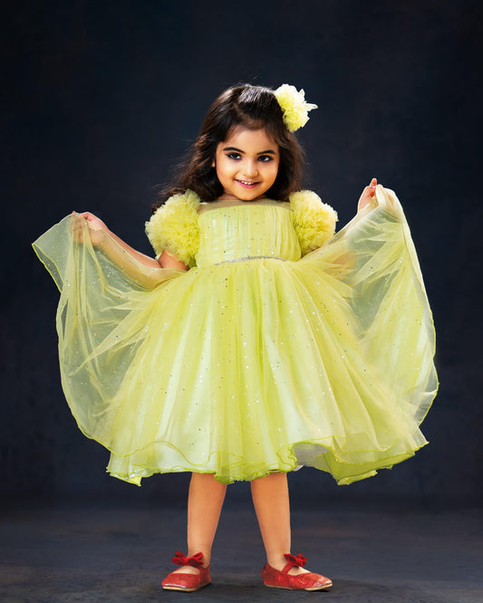 Pista green glitter birthday frock front view baby girl – Stanwells Kids