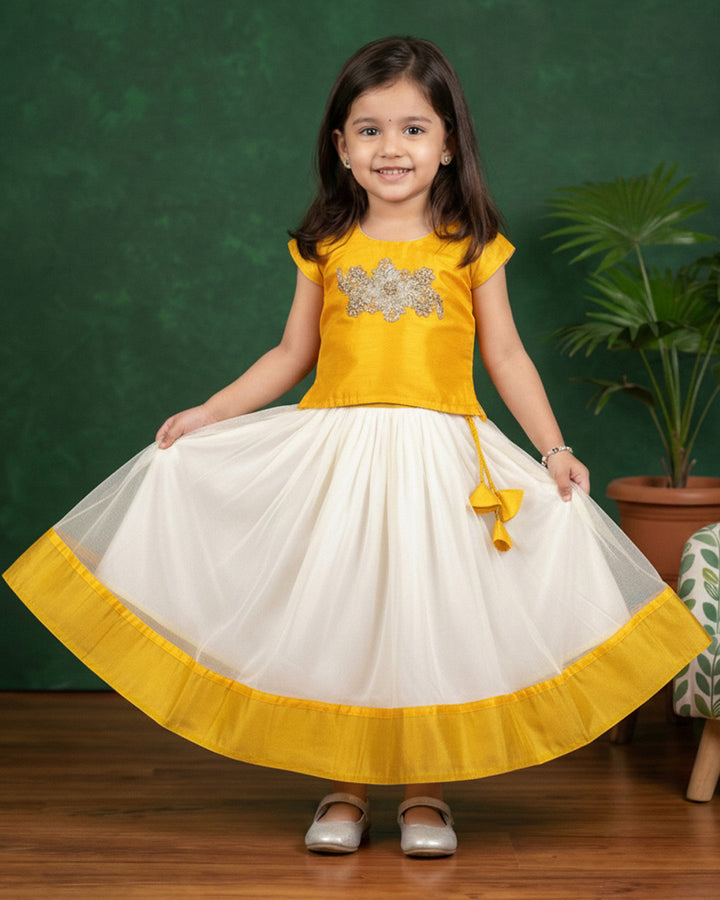 Cream and yellow Kerala combo dress for baby girls, traditional birthday frock, ethnic wear for kids, Kerala frock, Stanwells Kids ethnic collection