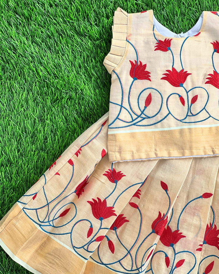 Light gold Kerala traditional tissue lehenga choli – baby girls birthday dress