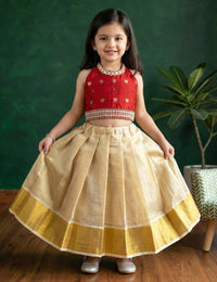 Maroon Golden Kerala Kasavu Halter Neck Lehenga Choli for Baby Girl – Stanwells Kids