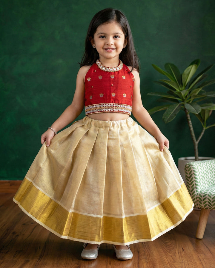 Maroon golden Kerala kasavu halter neck traditional lehenga choli for baby girl – Stanwells Kids