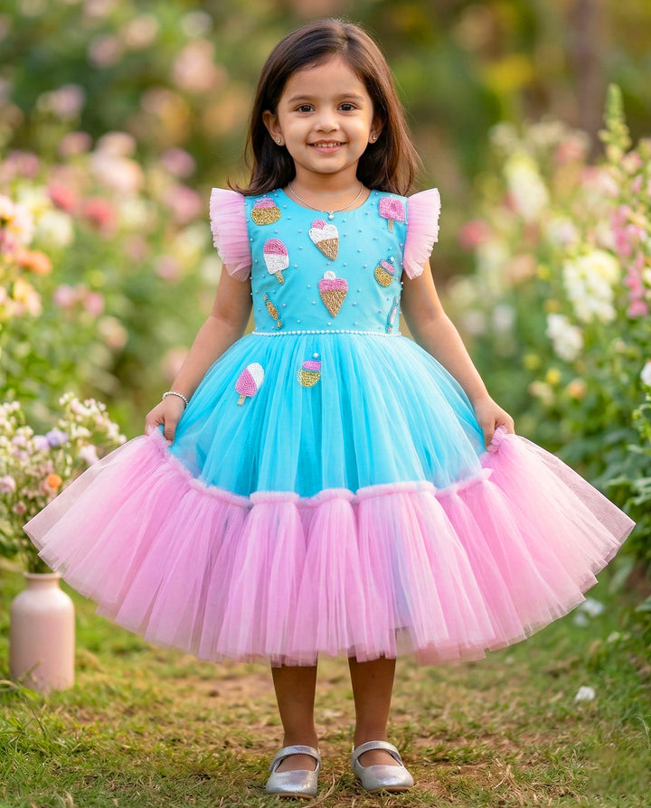 Sky Blue &amp; Baby Pink Candy Theme Birthday Frock – Handwork Appliqué Party Dress for Baby Girls by Stanwells Kids