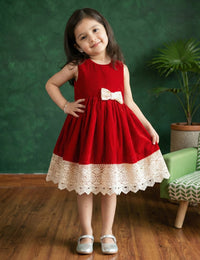 Red Shade Crochet Velvet Knee Length Bow Frock