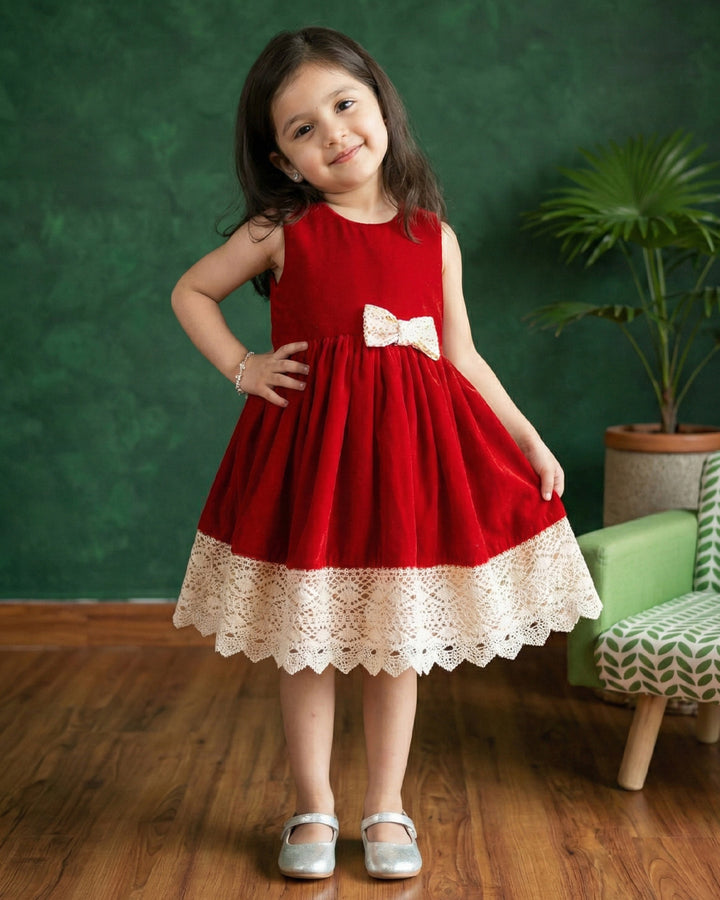 Red Shade Crochet Velvet Knee Length Bow Frock