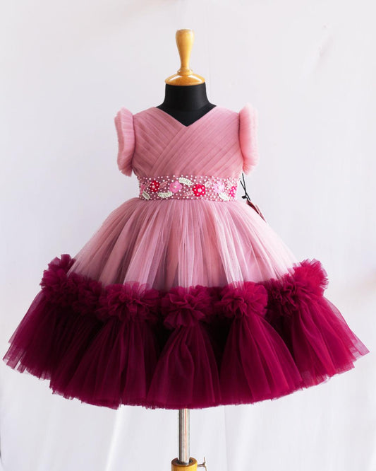 Dust pink grapevine handwork frock front view – Stanwells Kids