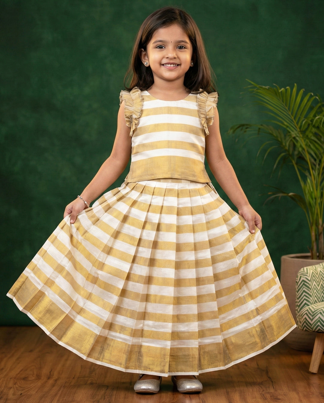 cream handloom kasavu lehenga choli for baby girls, Kerala traditional kids dress, baby girl birthday outfit, festive wear for toddlers, kasavu lehenga kids