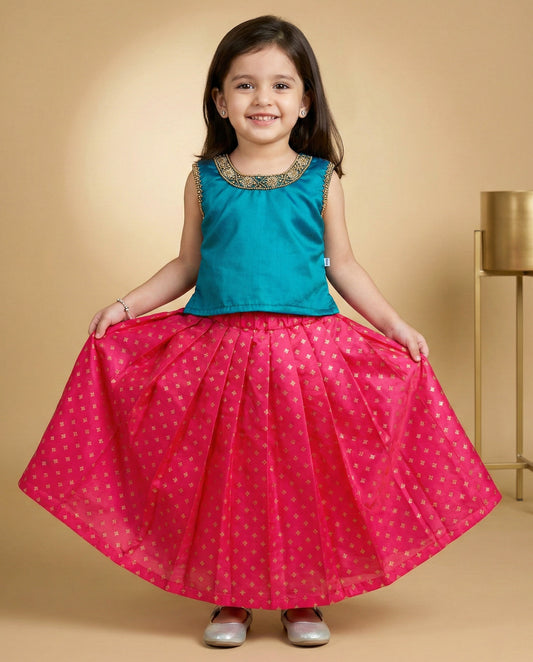 Magenta peacock shade handwork ethnic silk lehenga choli for baby girl – Stanwells Kids