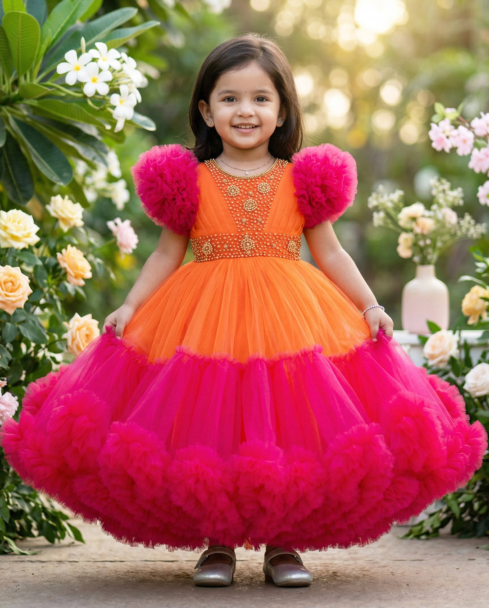 Orange & Rany Pink Combo Heavy Handwork Partywear Flared Ruffles Full 