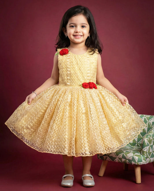 golden designer flower frock for baby girls, kids birthday dress, baby girl partywear dress, golden kids frock online, premium festive dress for toddlers