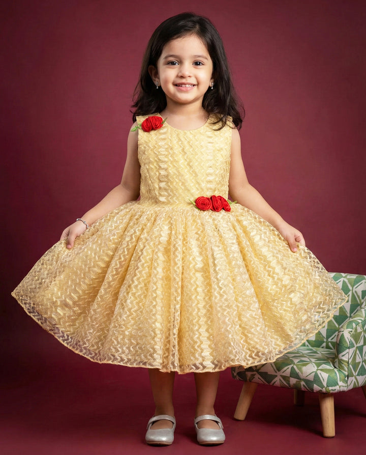 golden designer flower frock for baby girls, kids birthday dress, baby girl partywear dress, golden kids frock online, premium festive dress for toddlers