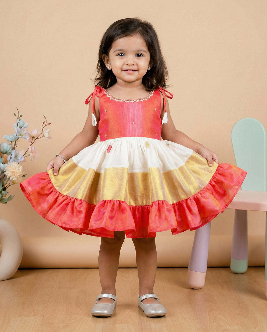 Baby girl birthday dress, Cream Peach Kerala Kasavu Kettuduppu Frock, baby girl frock, traditional Kerala dress, baby girls special occasion dress.