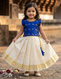 Light Gold Navy Blue Woven Silk Handwork Lehenga Choli for Baby Girl – Stanwells Kids