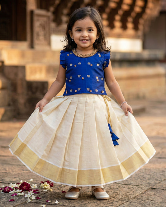 Light gold navy blue woven silk handwork lehenga choli for baby girl – Stanwells Kids