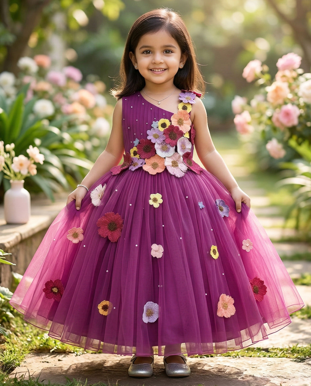 Pastel wine baby girls birthday dress with heavy flower appliqué – long gown

