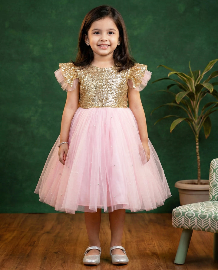 Baby pink birthday dress for girls, golden sequins frock, designer kids party wear, baby girl birthday outfit
