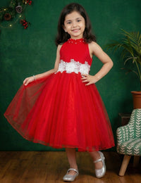 Red Halter Neck Flower Applique Frock – Christmas Partywear for Baby Girls