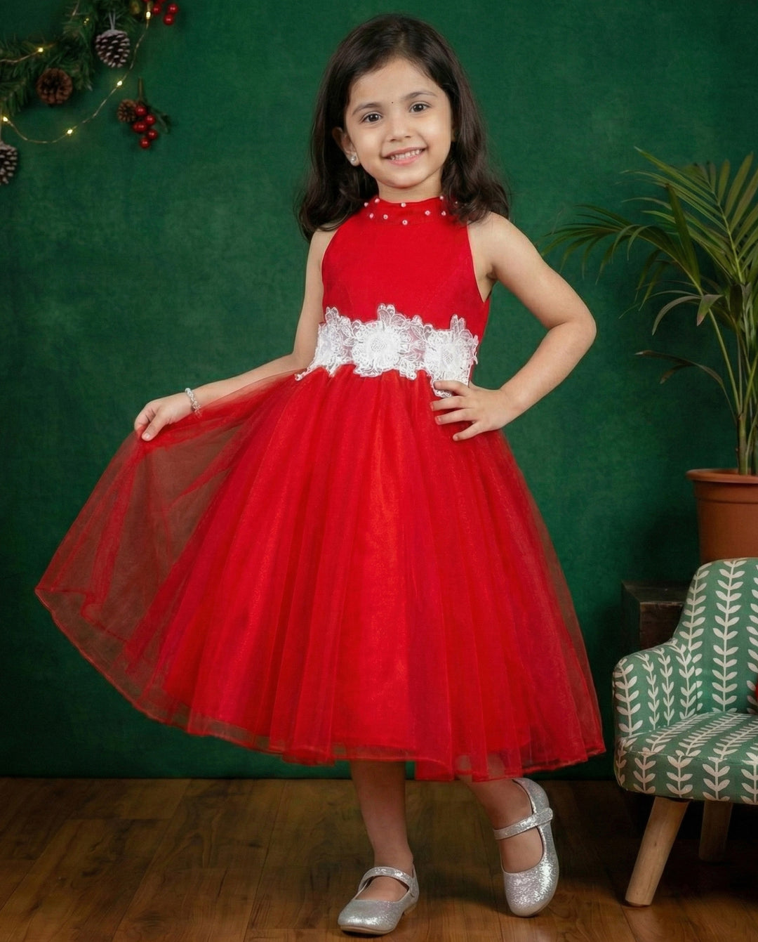 Red shade halter neck flower frock, baby girls birthday dress, party wear