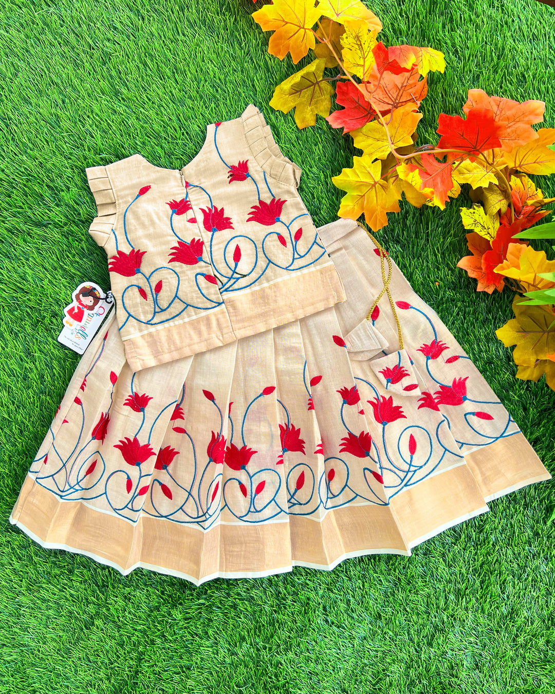 Light gold Kerala traditional tissue lehenga choli – baby girls birthday dress