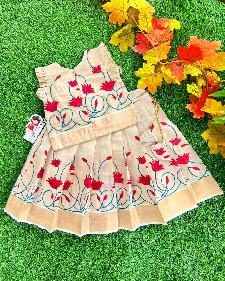 Light gold Kerala traditional tissue lehenga choli – baby girls birthday dress