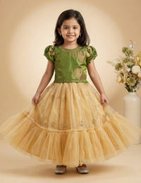 Olive Green Golden Pure Silk Embroidery Lehenga Choli for Baby Girl – Stanwells Kids