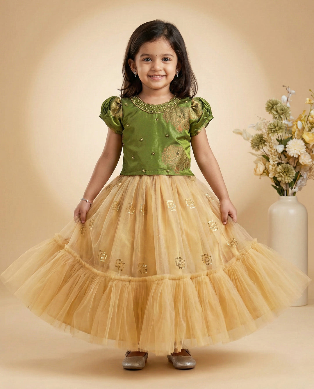 Olive Green Silk & Gold Lehenga Choli | Birthday Dress for Baby Girls Stanwells Kids Olive Green Silk & Gold Lehenga Choli | Birthday Dress for Baby Girls Stanwells Kids