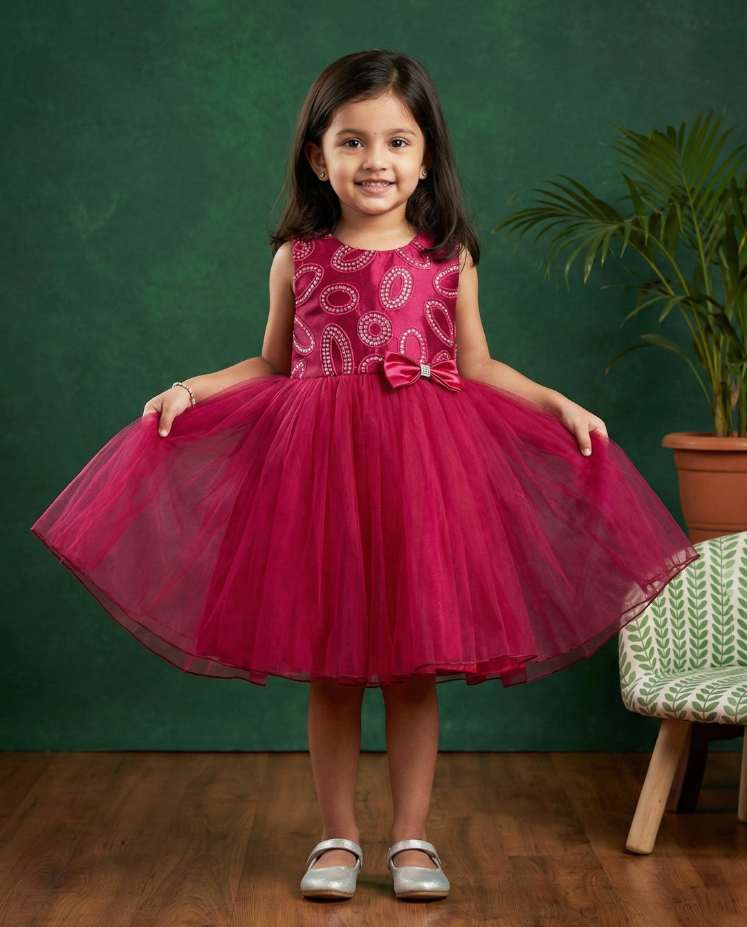 Dark Magenta Sequins Embroidery Partywear Bow Frock