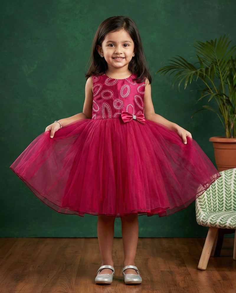 Dark Magenta Sequins Embroidery Partywear Bow Frock