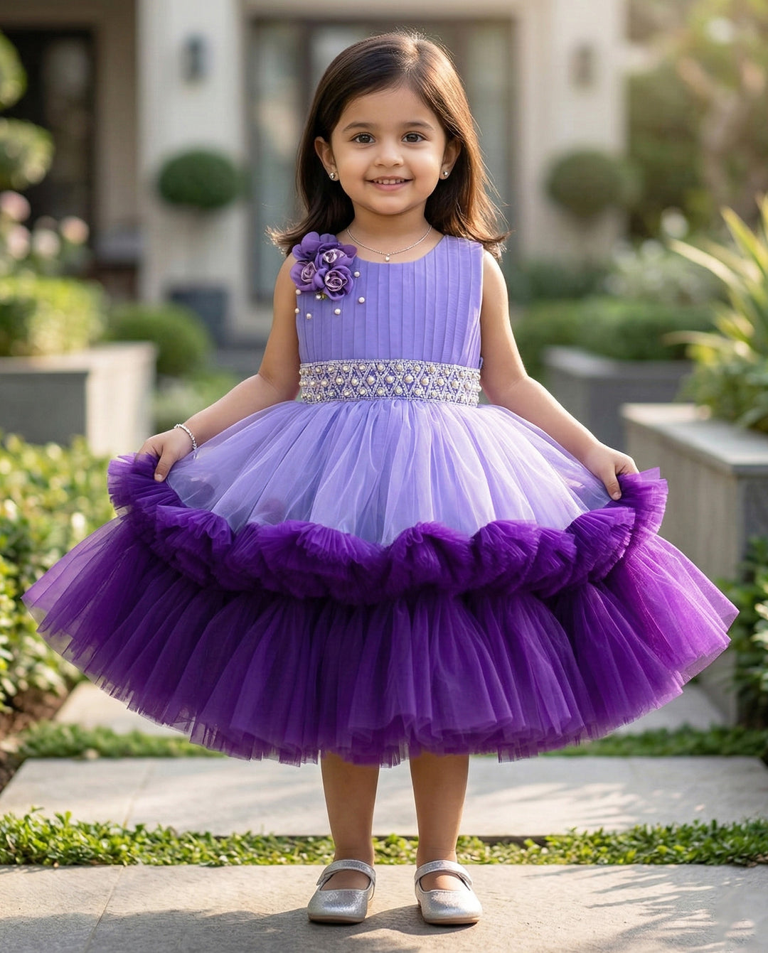 Lavender Violet Pleated heavy Ruffled party Wear Frock Stanwells Kids
