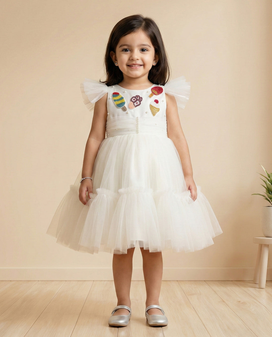 Off white candy theme frock for baby girls, premium birthday dress, partywear dress, Stanwells Kids