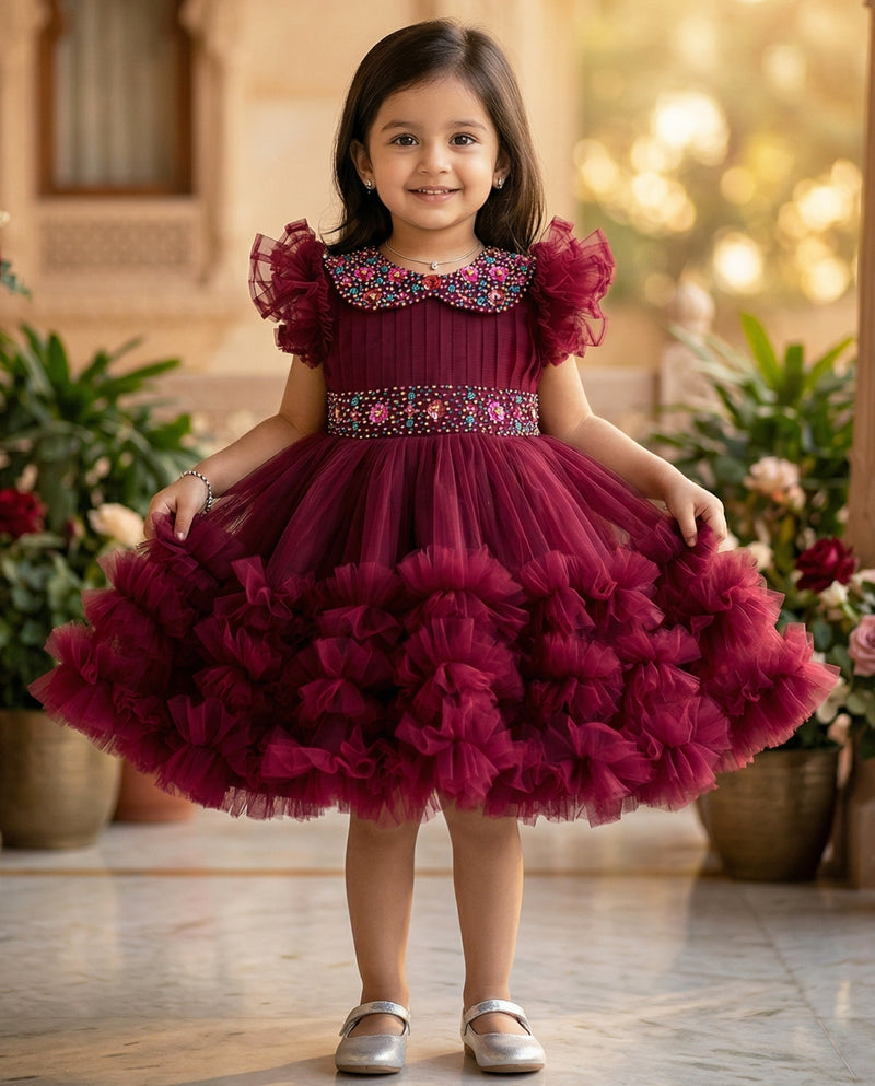 Grapevine Shade Handwork Pleated Peter Collar Partywear Frock