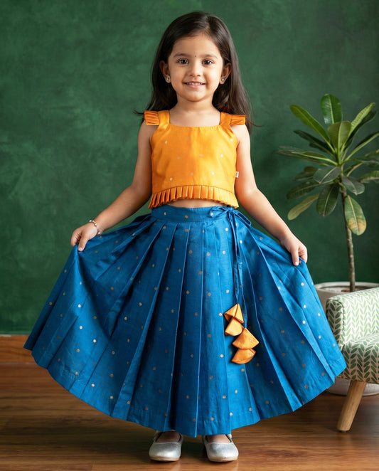 Teal Blue & Mango Yellow Silk Butti Lehenga Choli – Traditional Festive Wear – Stanwells Kids