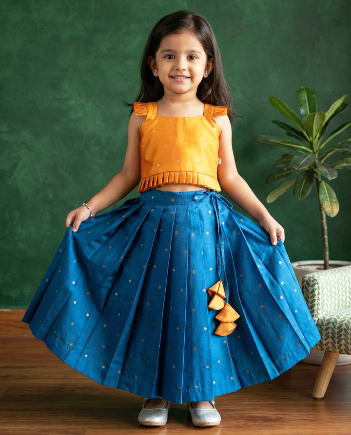 Teal Blue &amp; Mango Yellow Silk Butti Lehenga Choli – Traditional Festive Wear – Stanwells Kids