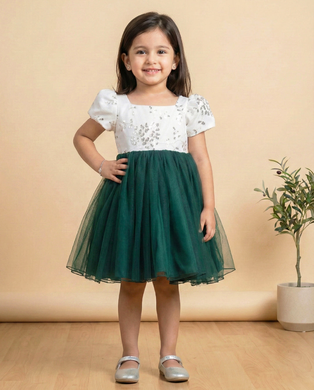 bottle green and white Christmas frock for baby girls, festive birthday dress, designer kids partywear dress, toddler Christmas outfit, Stanwells Kids