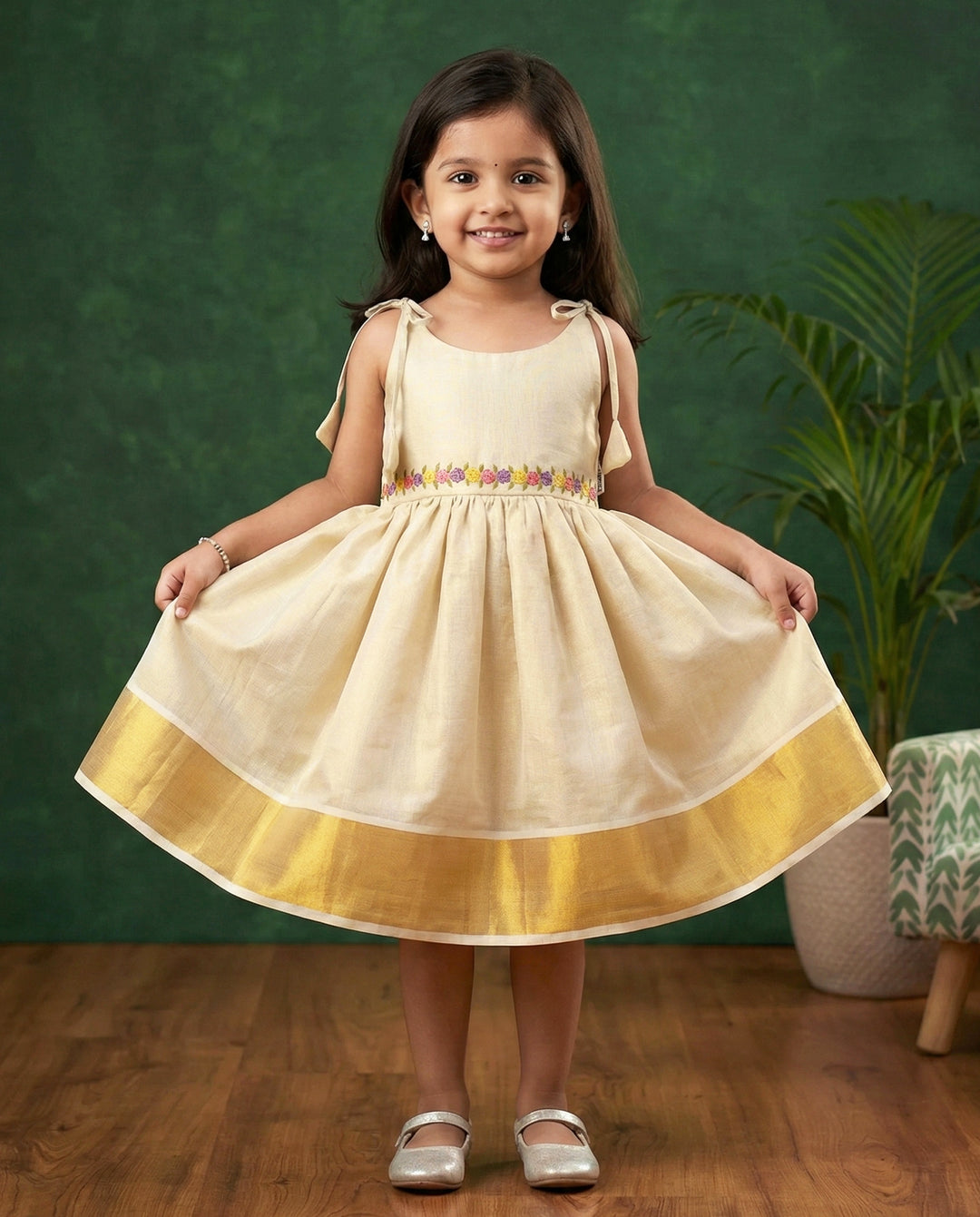 baby girl birthday dress, Kerala handloom frock, embroidered frock for baby girl, golden birthday dress, special occasion dress