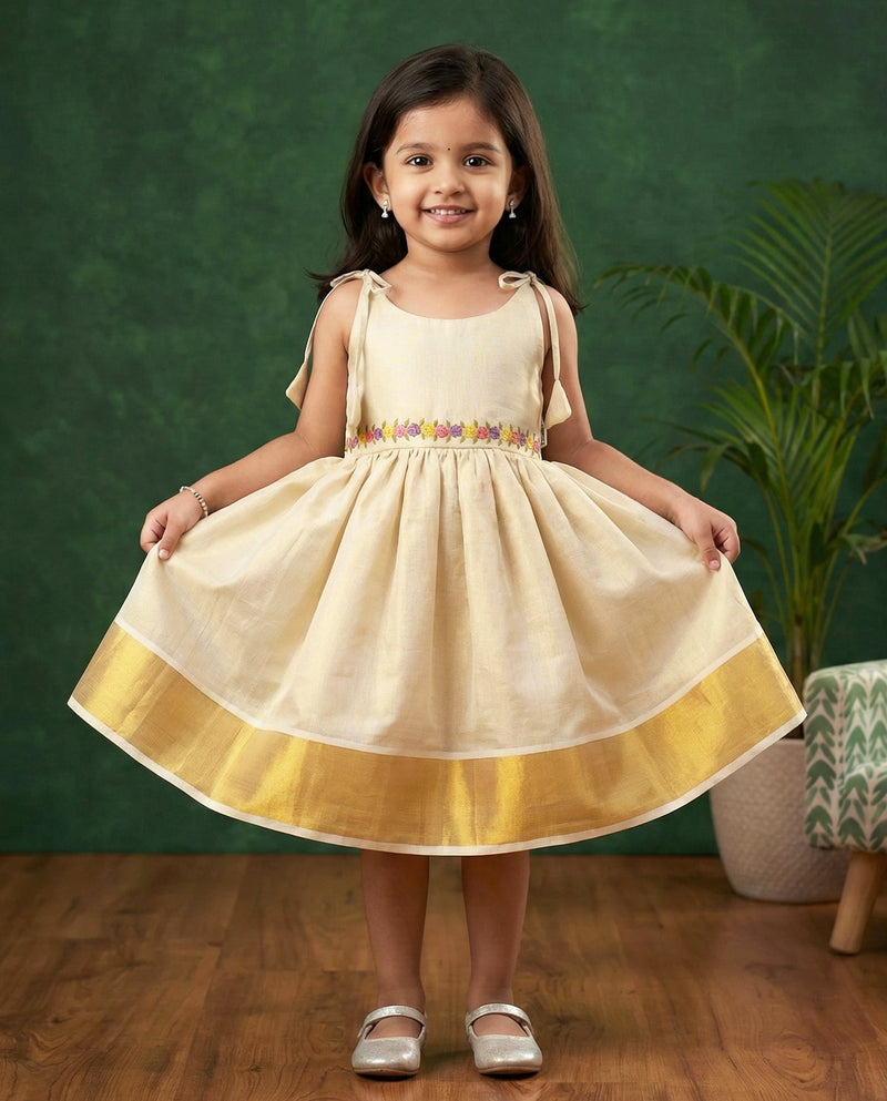 Golden Shade Kerala Handloom Tissue Embroidery Kettuduppu Frock