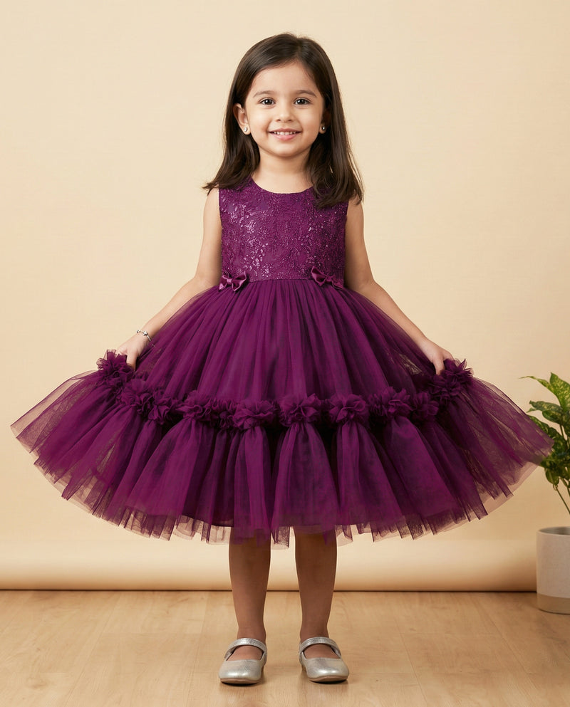 Purple Shade Embroidery Party wear Ruffles Birthday frock